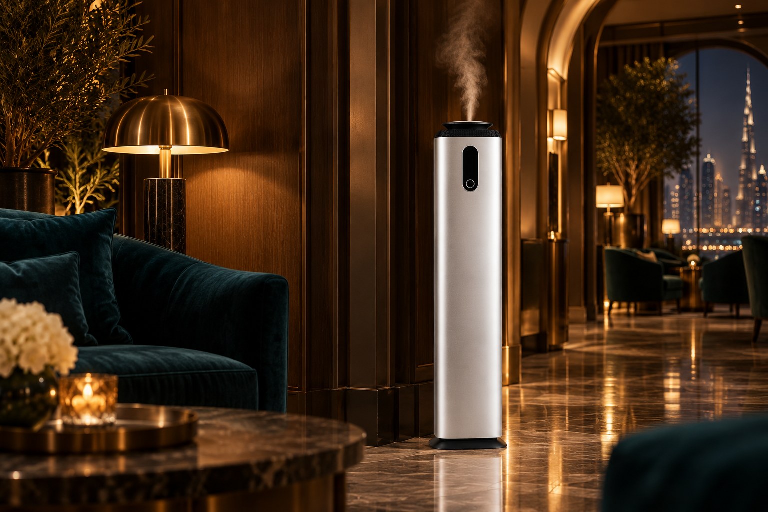 Concept visual: a column diffuser in a hotel lounge
